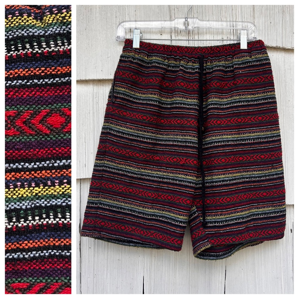 Harem Pants Mens Woven Tribal Stripe Boho Shorts Multicolor Wood Bead Detail